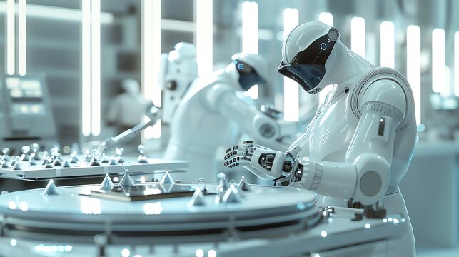 A 3D rendering of a scientist and a robot working together in a cleanroom environment, focusing on the arrangement of ions in a semiconductor