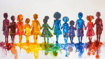 Fototapeta premium Aquarelle painting of children holding hands in a rainbow of colors.
