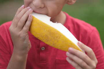he texture of the melon is vivid as a young boy savors it, his enjoyment evident in his expression....