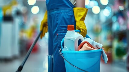 A Cleaning Lady Holds a Bucket of Cleaning Supplies with a Blurred Background