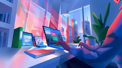 Illustration of a Blogger's Joy: Woman at Laptop with Inspiring Quotes