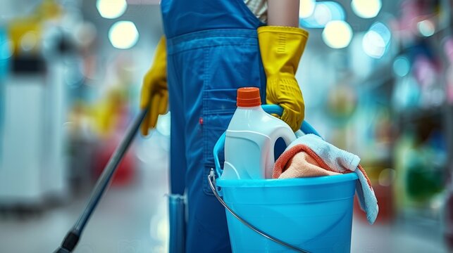 A Cleaning Lady Holds a Bucket of Cleaning Supplies with a Blurred Background