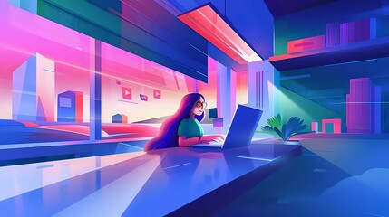 Fototapeta premium Blogger's Creative Workspace: Woman at Laptop with Coffee and Quotes
