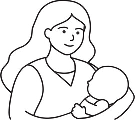 Mother holding a newborn baby in her arms. Black and white illustration.