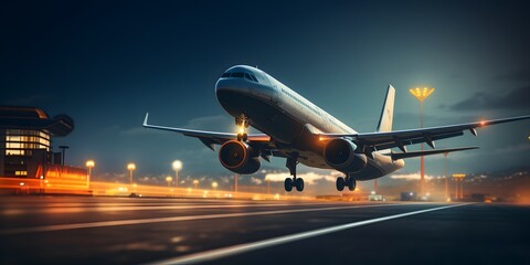 Fototapeta na wymiar Airplane in the airport, Airplane during take off on airport runway