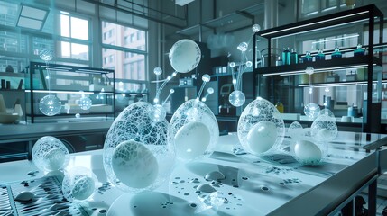 A realistic 3D model of a laboratory where scientists use augmented reality to visualize the internal structure of eggs, with AR headsets and floating digital data points surrounding the eggs.