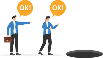 Businessman navigate his blindfolded friend to Moving towards, business vector concept

