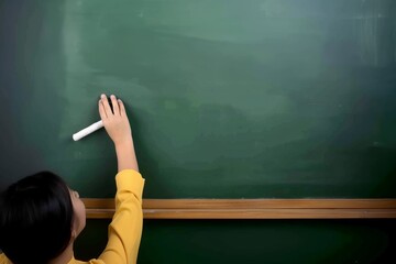 A pretty young Japanese college teacher writing in white chalk on the plan chalkboard
