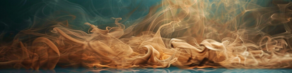 Obraz premium Misty brown smoke abstract background curls over a rich cyan floor.