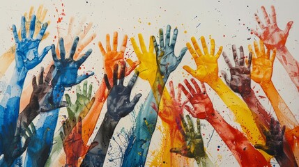 Colorful watercolor painting of people's hands raised in the air.