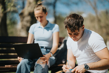 Two college friends enjoying the outdoors while studying and sharing knowledge in a park setting.