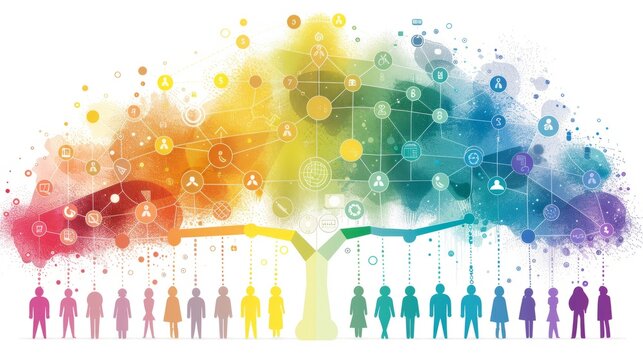 Colorful watercolor people holding hands with a tree made of rainbow digital network symbolizing global communication and technology.