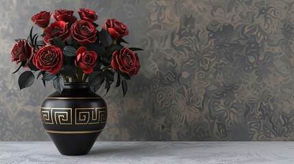 3D render of a black vase with golden Greek key pattern filled with dark roses