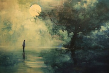 Obraz premium A man is walking in the woods at night