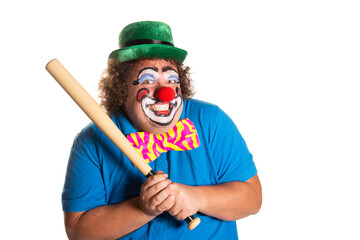 Evil clown from horror movies posing on a white background.