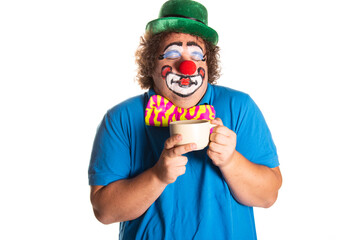 Funny fat clown posing on a white background.