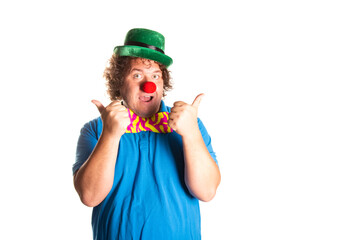 Funny fat clown posing on a white background.