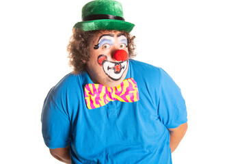Funny fat clown posing on a white background.