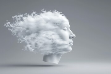 A womans head with surreal clouds floating out, representing imagination and creativity in an artistic manner.