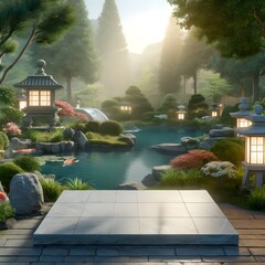 Serene Japanese Garden with Koi Pond and Lanterns
