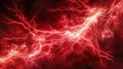 A vivid red and black background illuminated by a profusion of lightning strikes, creating a dramatic and electrifying atmosphere