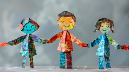 Three paper dolls holding hands