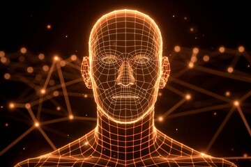 An illuminated wireframe model of a human head surrounded by a nebula of digital connections.
