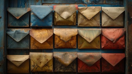 A row of old, worn out envelopes with different colors and sizes