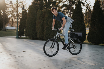Outdoor lifestyle image of a man riding a bike in a park lit by warm sunlight, conveying a sense of freedom and enjoyment.
