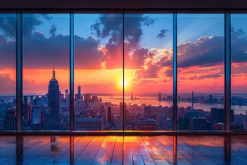 Striking sunrise illuminating a city skyline through an office room's large glass windows, creating a dynamic contrast