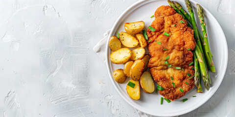 Schnitzel with green asparagus and potatoes on a white plate, space for text