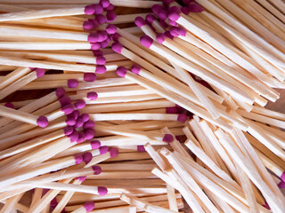 Matchstick Detail. Purple-tipped wooden matches, close-up view. Uses for Fire prevention campaigns,...