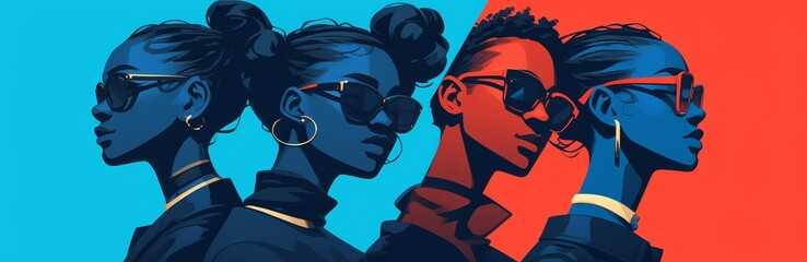 An illustration of four African American women and men with different hairstyles, all wearing glasses. Each character is portrayed in the style of pop art, featuring bold lines and flat color blocks.