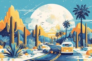 An illustration of the Arizona highway with mountains in the background, cacti and desert plants along the road side, a van driving down the street at night under a full moon