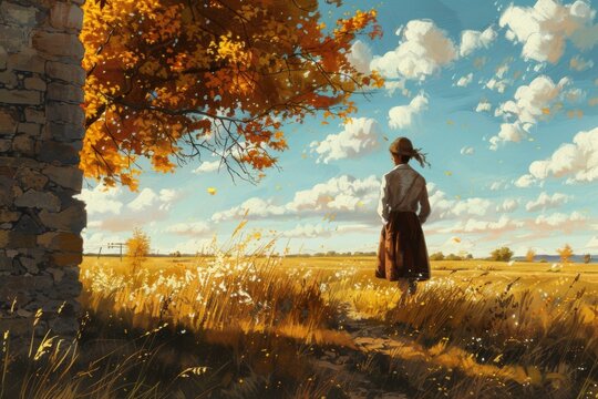 A woman is walking in a field of yellow grass