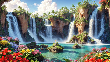 Obraz premium A beautiful paradise land full of flowers, rivers and waterfalls, a blooming and magical idyllic Eden garden.