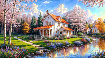 Oil painting on canvas summer landscape with wooden old house near river, beautiful flowers and trees.