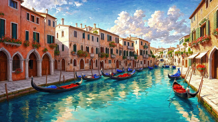 Obraz premium Venice canals with gondolas atmospheric landscape , oil painting style illustration