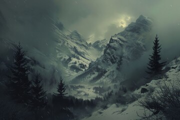 A mountain range covered in snow with a few trees scattered throughout