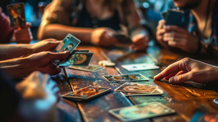 A close-up of a card game being played, showcasing the intensity and focus of the players expressions as they strategize
