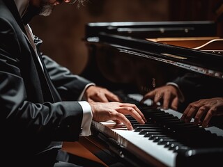  A pianist wearing a tuxedo and playing a classical piece on a grand piano