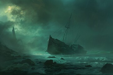 Obraz premium A ship is sinking in the ocean with a storm in the background