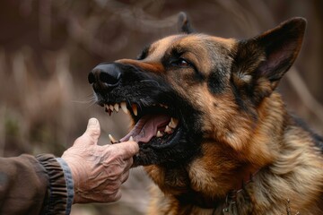Aggressive dog bites, german shepherd attacks a man and bites his hand, training pets, rabid animals