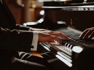  A pianist wearing a tuxedo and playing a classical piece on a grand piano