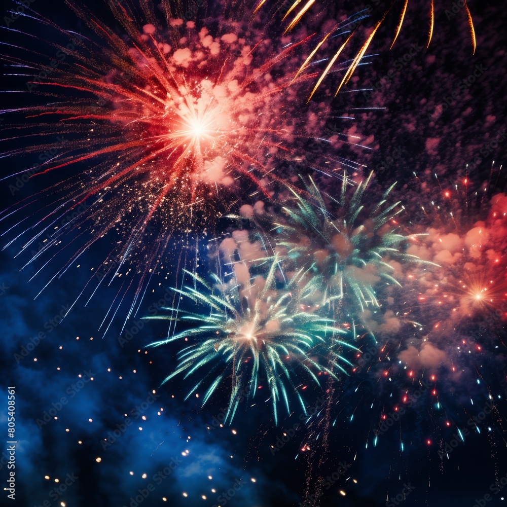 Poster A close-up view of a fireworks display, showcasing the intricate details of the exploding bursts of light and color,