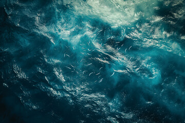 Aerial view of a majestic ocean with swirling patterns in various shades of turquoise and dark blue, capturing the water's dynamic texture