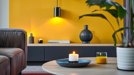 Serene zen interiors composition with minimal furniture and vibrant accents. Modern interior design composition.