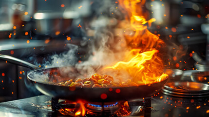 An intimate look at a chef cooking over a sizzling pan, creating a feast for the senses
