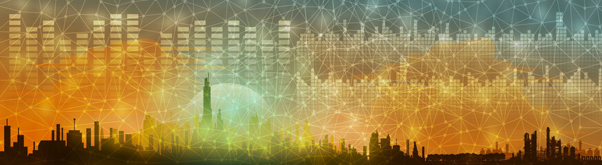 Futuristische Illustration - City und Industrie Skyline mit Displays zum Energiemix - Online Digitale Daten analysieren - Energie verteilen in die Sektoren der Infrastruktur