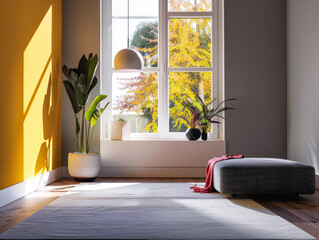 Serene zen interiors composition with minimal furniture and vibrant accents. Modern interior design composition.